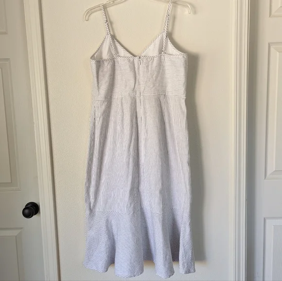 Banana Republic Linen Sleeveless Sheath White/Blue Stripe Midi Trumpet Dress 14 - Picture 2 of 10